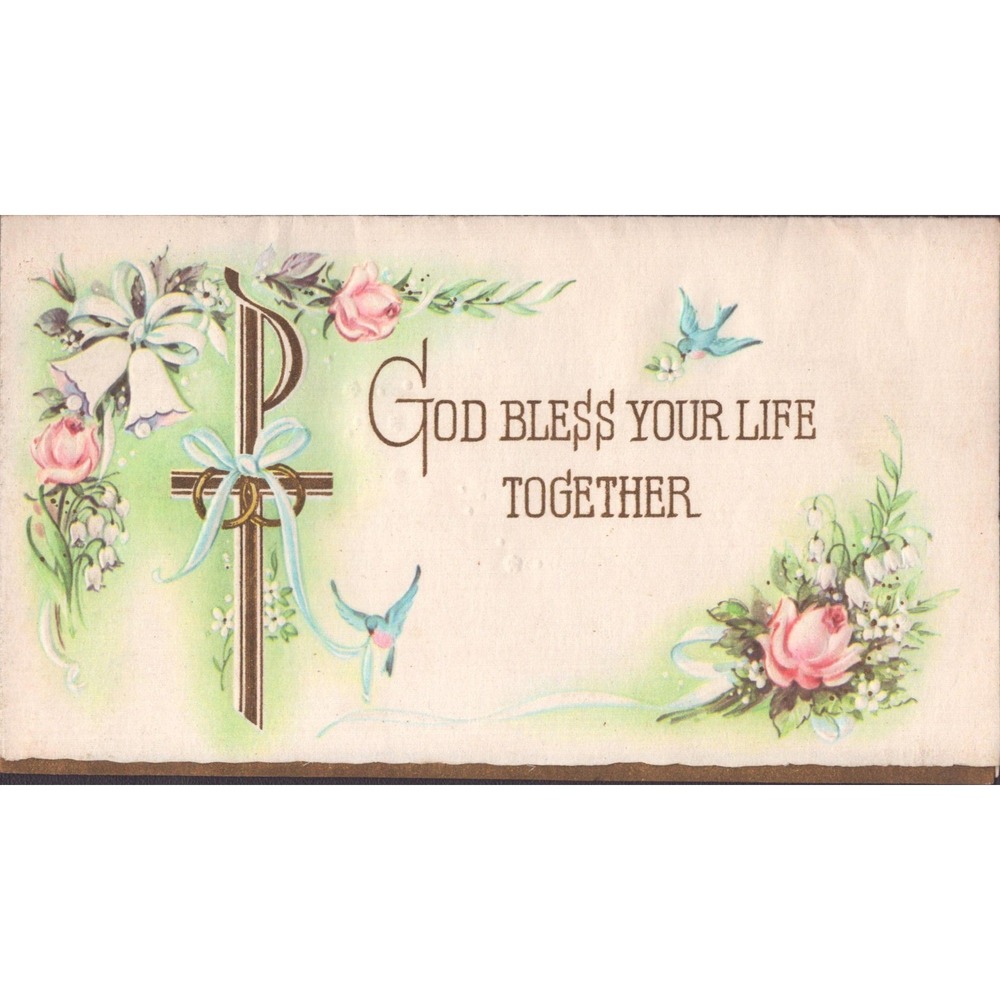 Vintage Religious Wedding Greeting Card Miraculous Medal Cross Bluebird FG-10